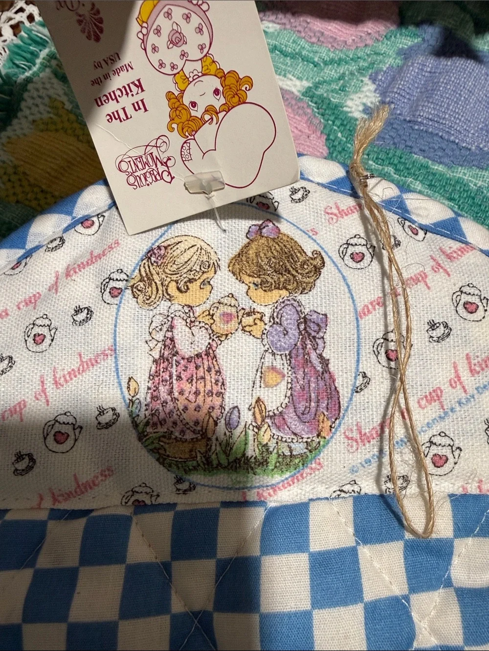 Precious Moments Blue and White Checkered Oven Mitt - Kitchen Utensil